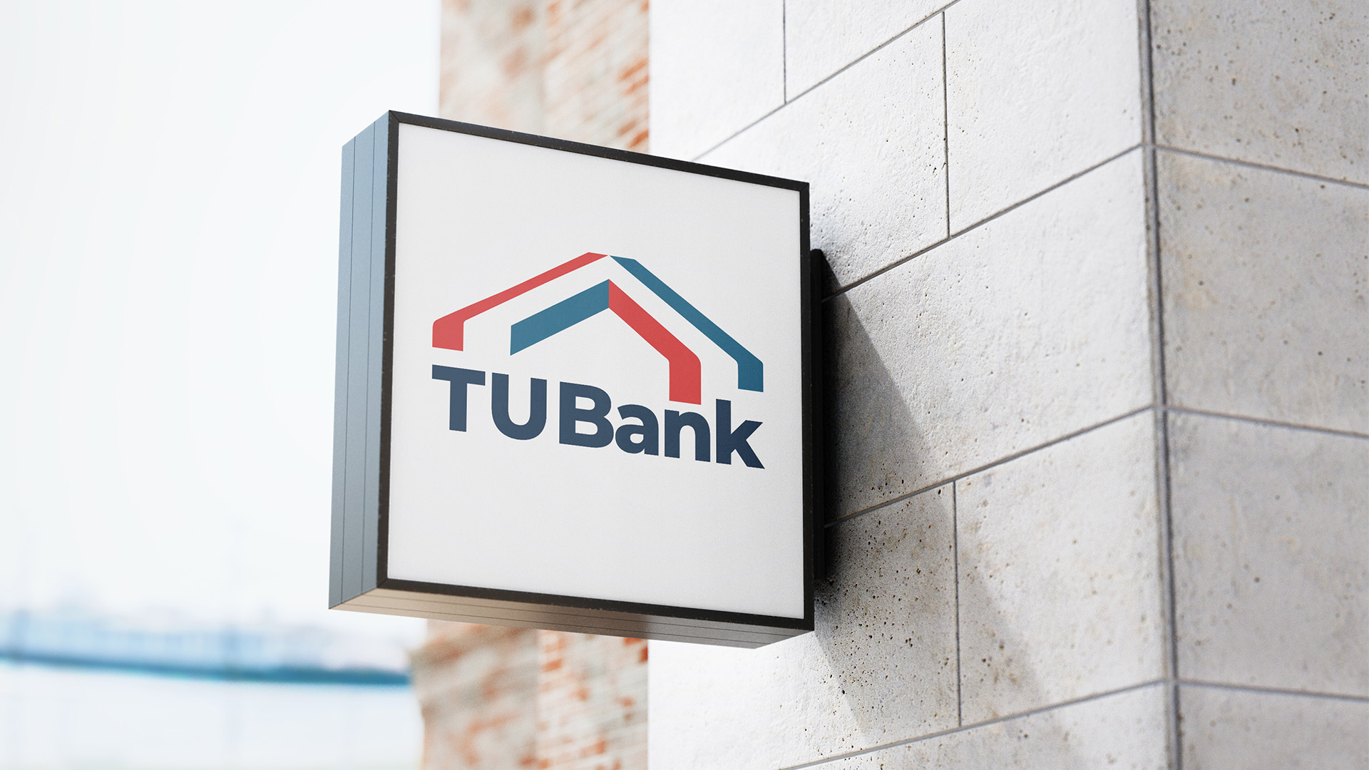 Trust Us Bank scenario-bank identity applied to an exterior financial-center sign concept.