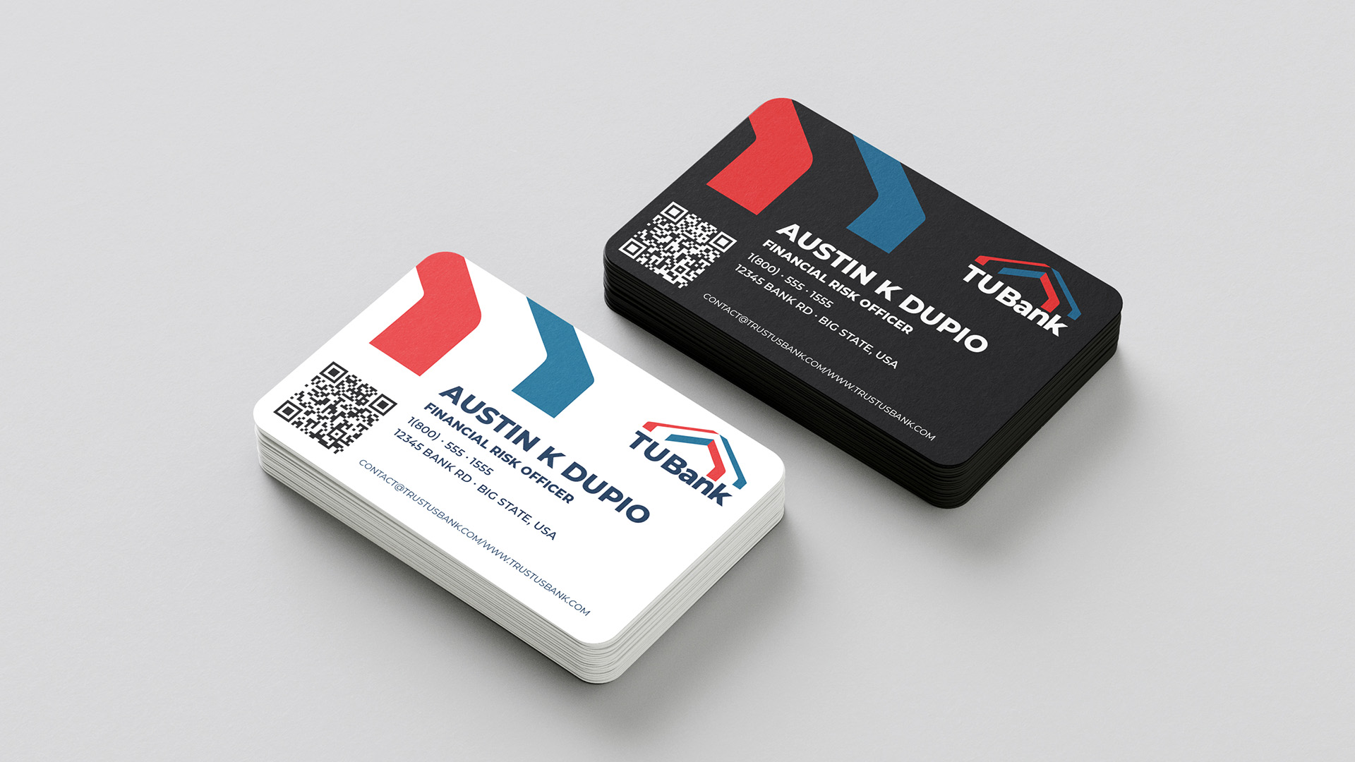 Trust Us Bank scenario-bank concept mockup showing red, blue, navy, white, and black business cards with Austin Dupio's name and a sample bank role for the case study.
