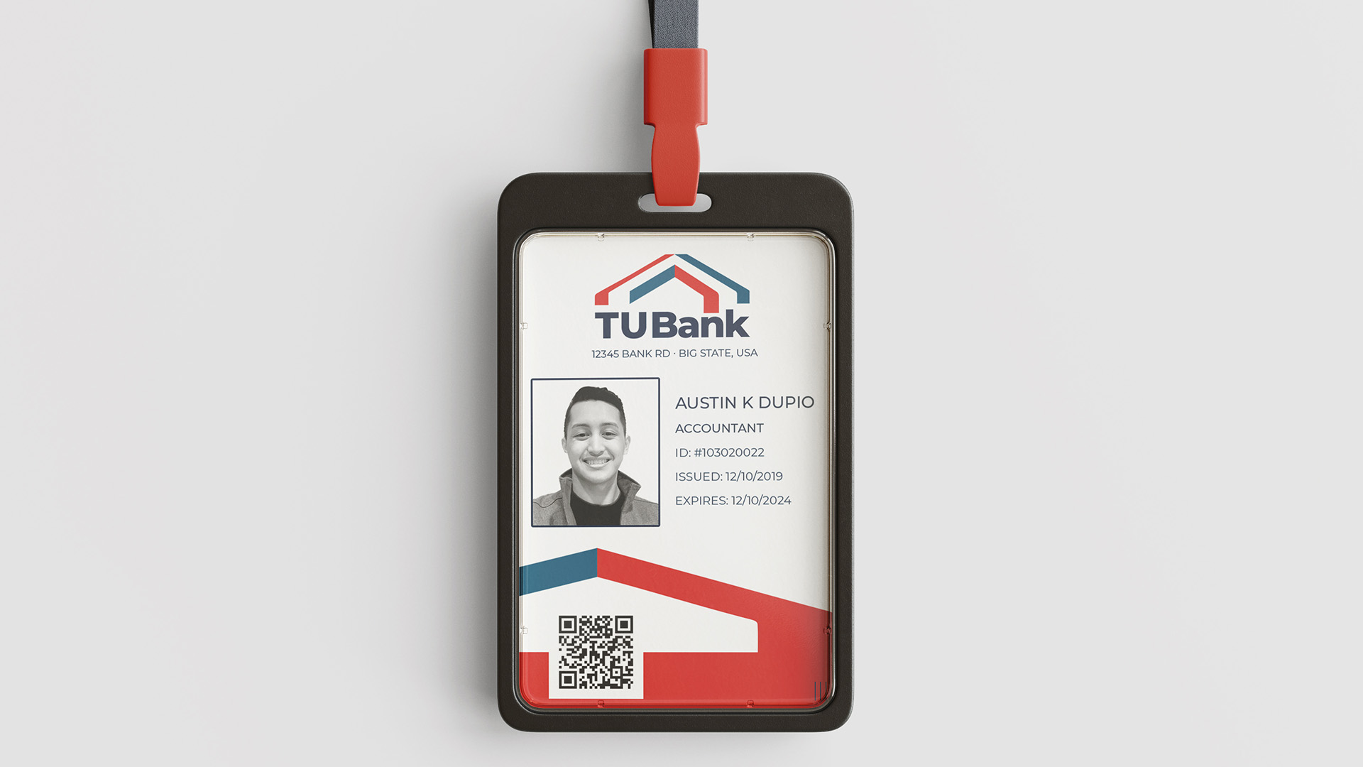 Trust Us Bank scenario-bank concept mockup showing an employee identification badge with Austin Dupio's name and a sample bank position for the case study.