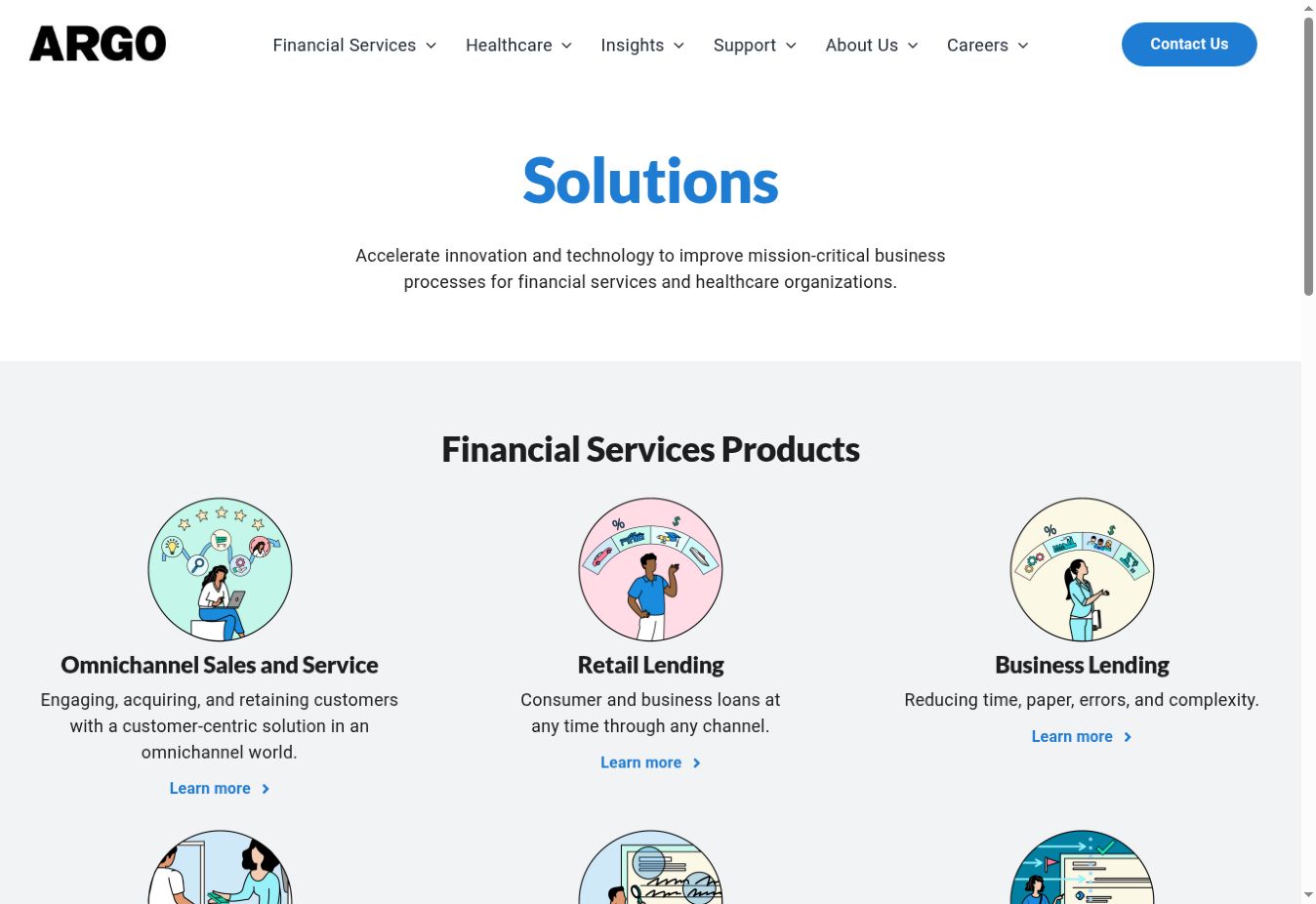 ARGO solutions page using Austin Dupio's coordinated financial-services and healthcare icon system.