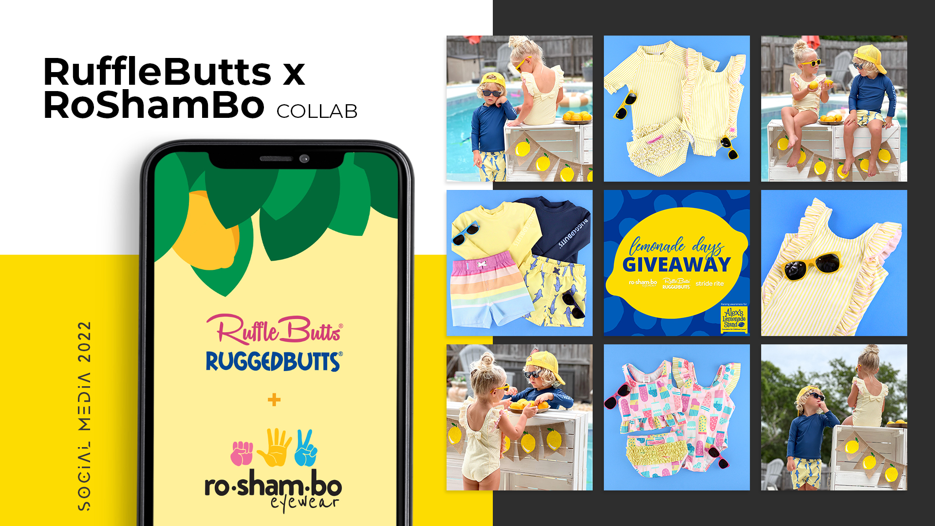 RuffleButts and RoShamBo collaboration social campaign with giveaway creative and mobile presentation.