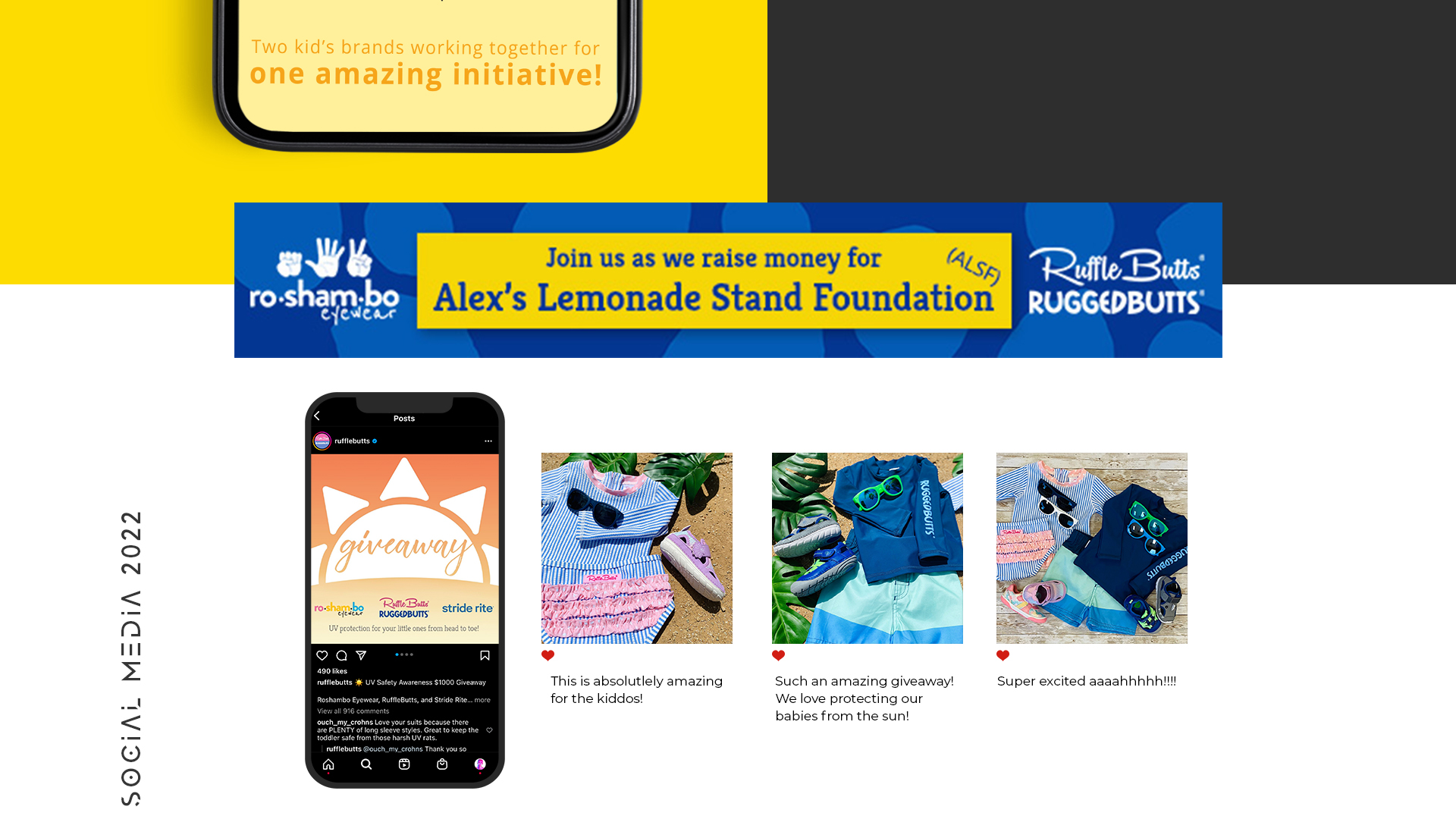RuffleButts, RoShamBo, and Alex's Lemonade Stand Foundation campaign showing coordinated web-banner, social, and product imagery.