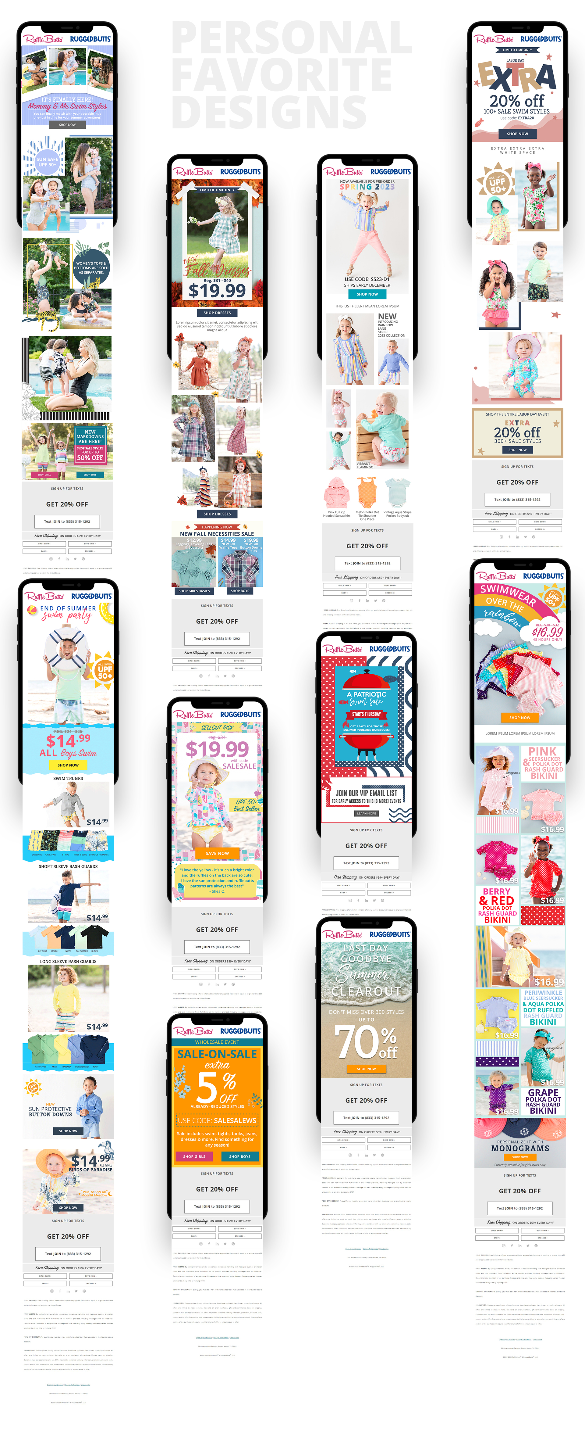 A full-resolution gallery of distinct RuffleButts email campaigns designed by Austin Dupio.
