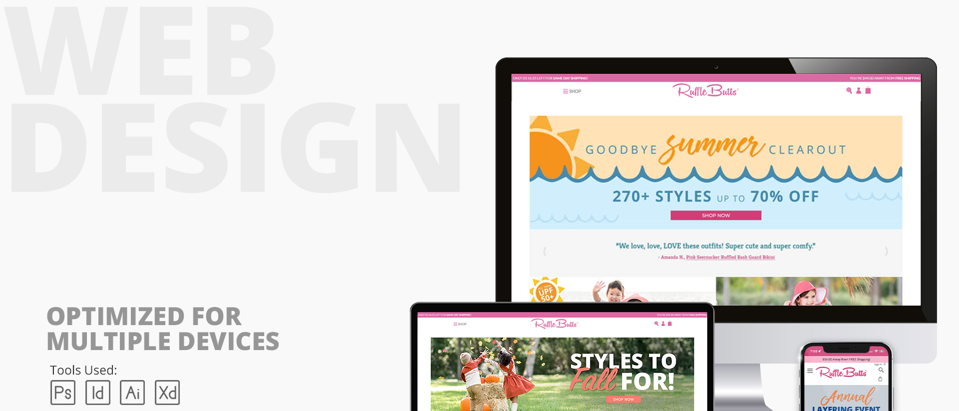 RuffleButts ecommerce campaign designs adapted across desktop, tablet, and mobile by Austin Dupio.
