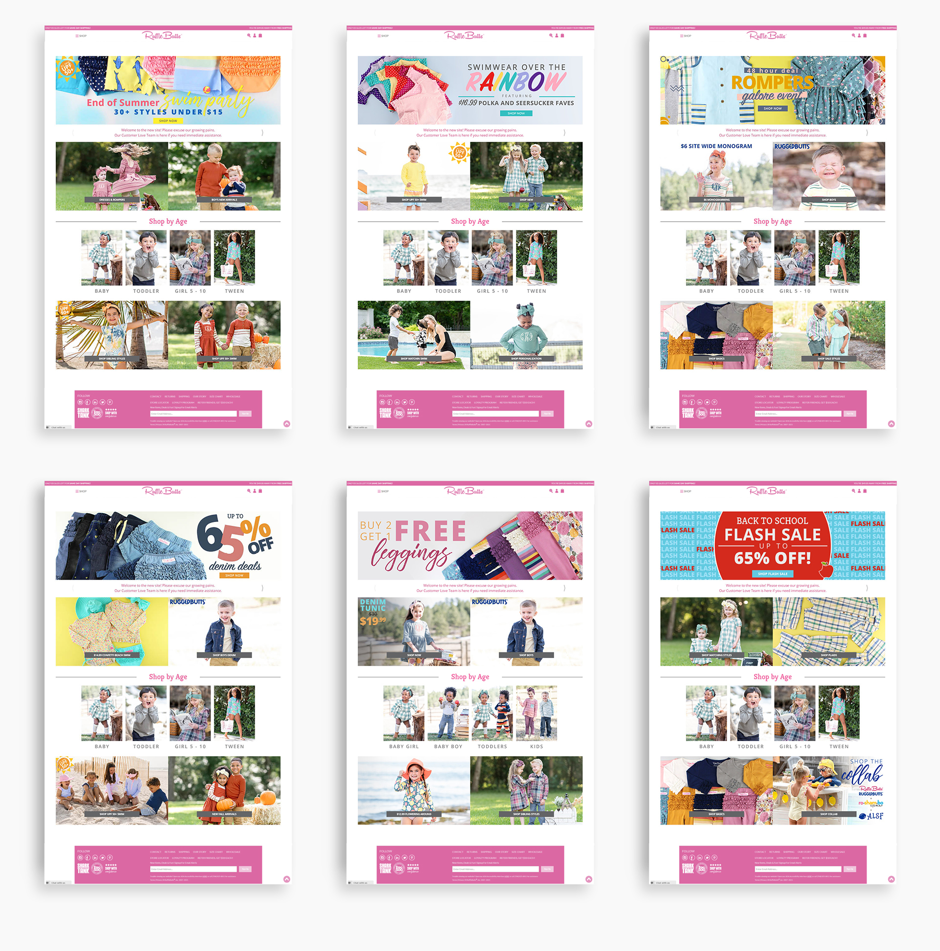 Six full RuffleButts ecommerce homepage designs showing distinct seasonal promotions and coordinated responsive merchandising.