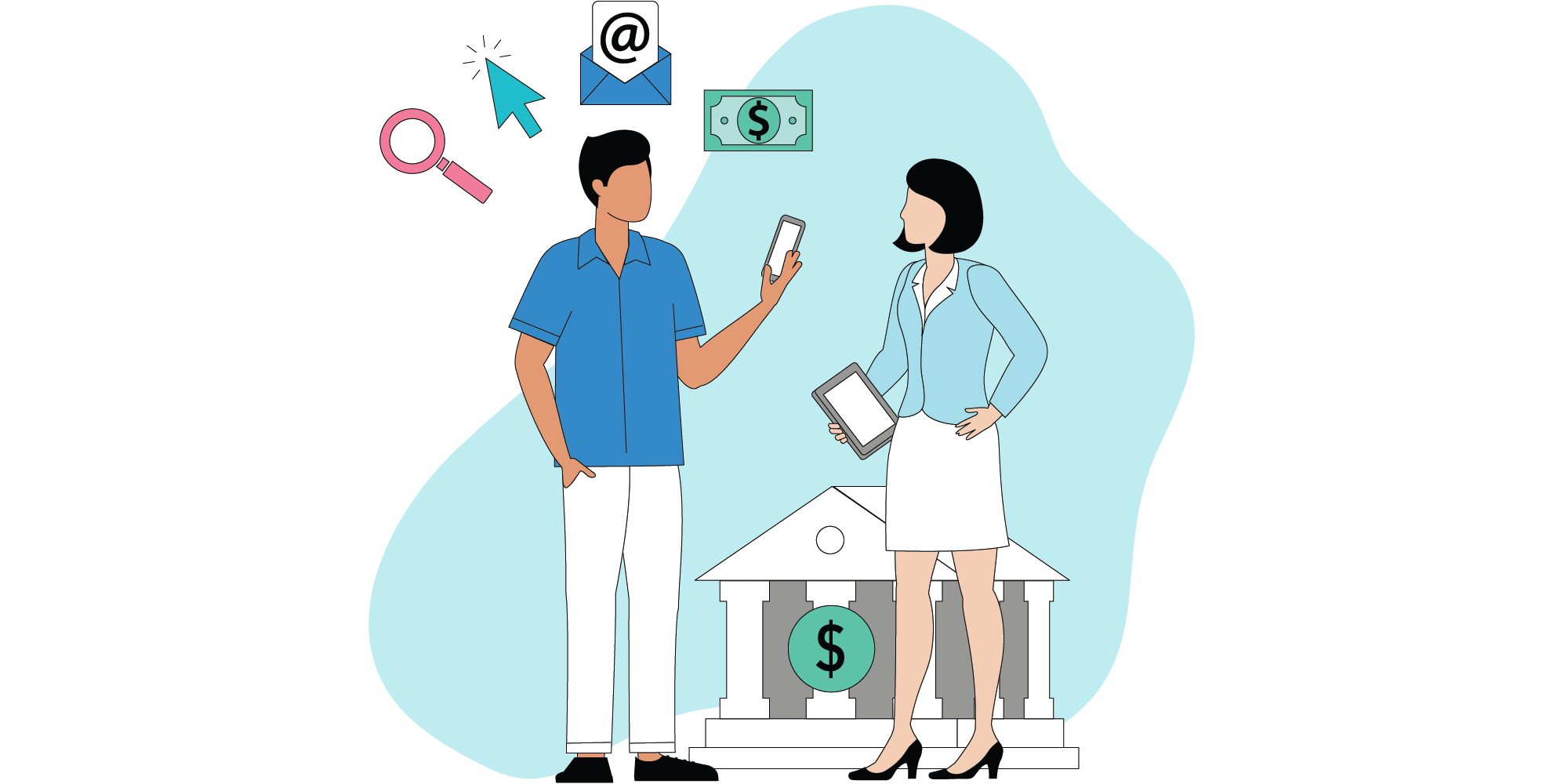 ARGO financial-services illustration showing a banking relationship and customer journey.