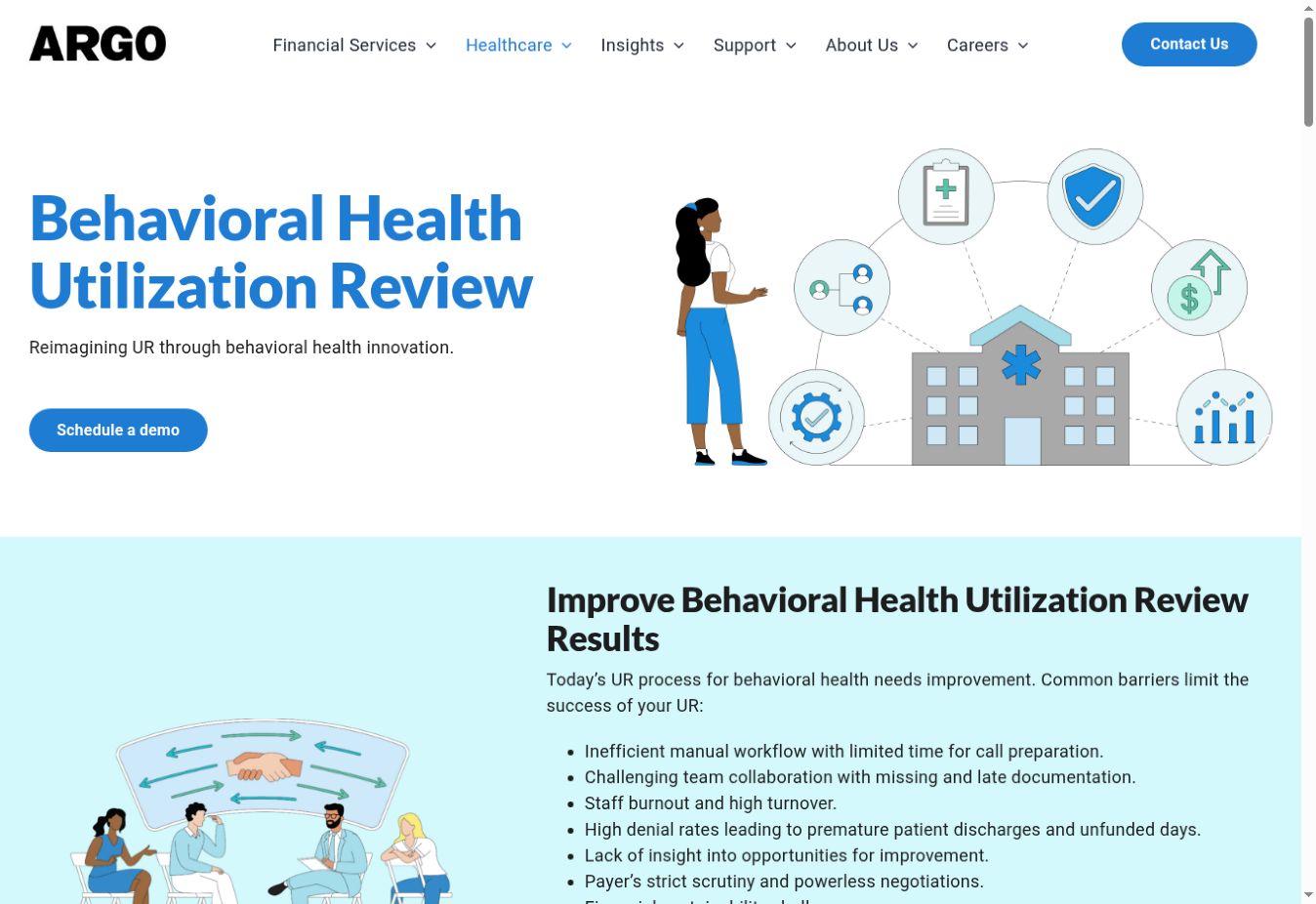 ARGO Behavioral Health Utilization Review page with healthcare illustration and modular content.