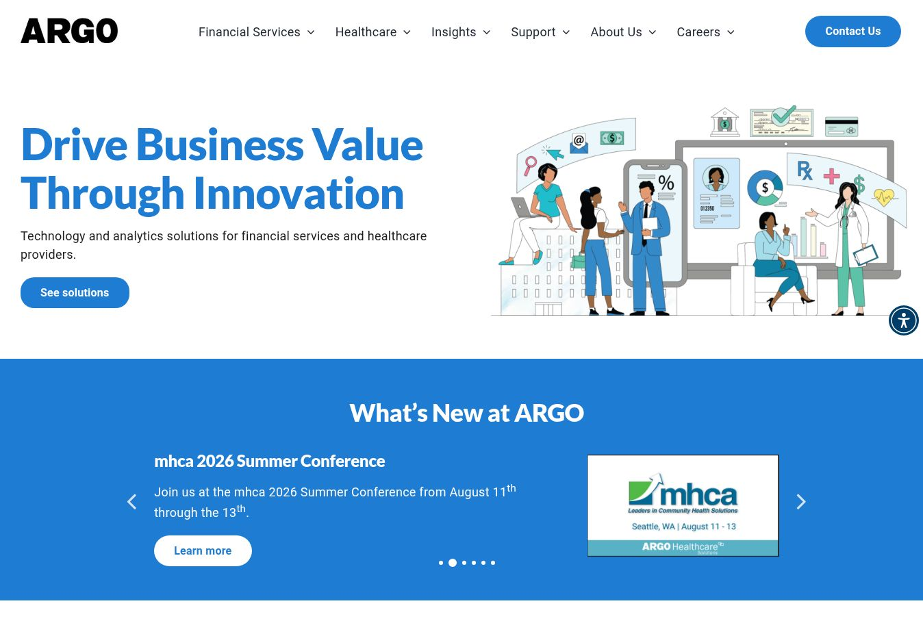 ARGO homepage captured September 2, 2026, showing Austin's blue visual system, illustrated hero, and coordinated financial-services and healthcare product icons.